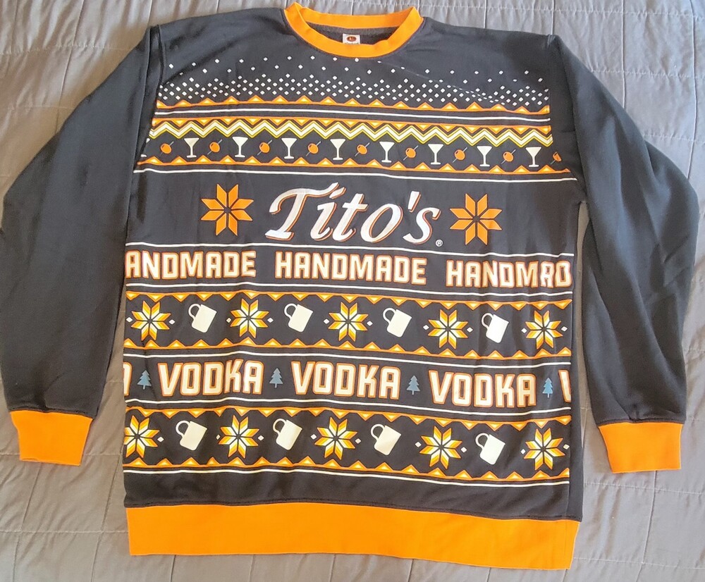 Tito's Handmade Vodka Sweater Mens XL Black Orange Ugly Christmas Crew Pullover